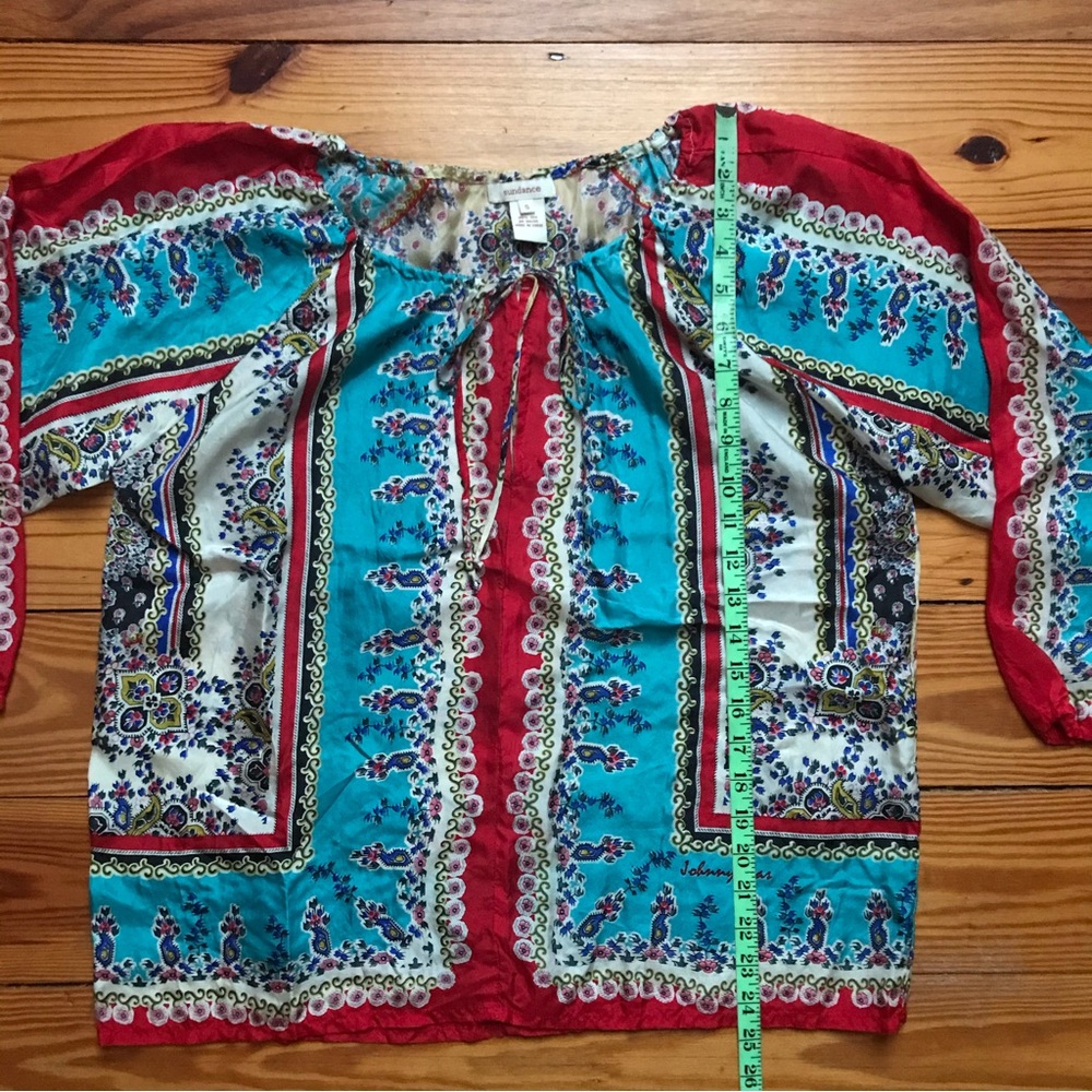 Johnny Was Sundance Red Blue Beige Silk 3/4 Peasant Top, EUC, S - Picture 11 of 12